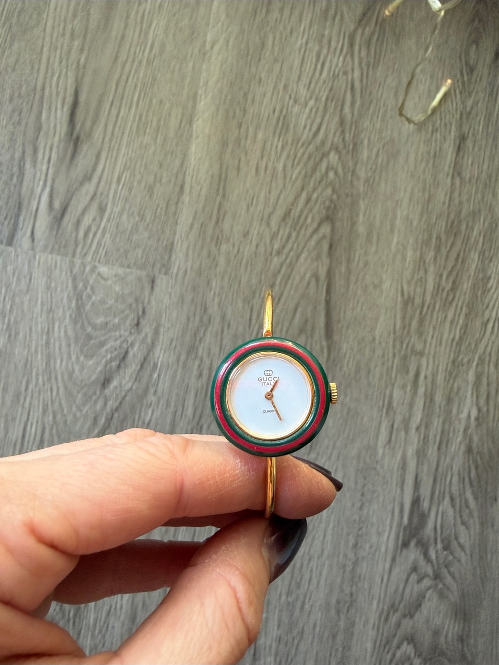 Vintage Gucci Gold Bangle Watch with Green and Red Enamel Accents